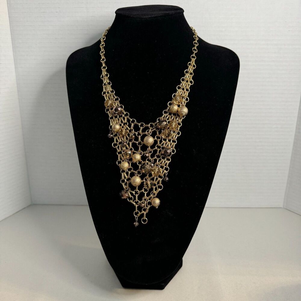 Park Lane Brunette Necklace Statement Bib Gold Brown Mesh